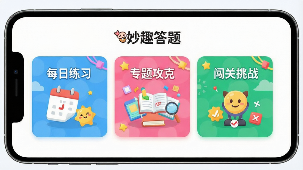 一张“妙趣答题”三种答题模式的选择界面预览图,主体为手机应用界面,布局采用三个并列的彩色卡片分别代表“每日练习”、“专题攻克”和“闯关挑战”,卡片上印有对应的中文标题。排版整齐,风格清新活泼,色彩明快,细节丰富,画质干净,无多余元素。
