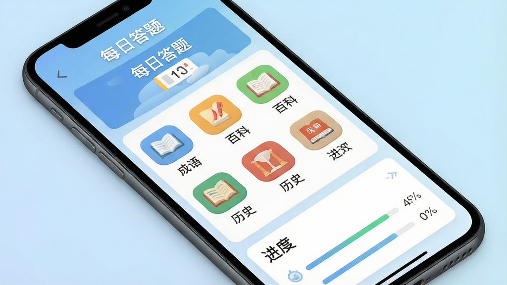 一张展示“妙趣答题”应用核心界面的高清截图,主体为手机屏幕平铺展示,布局包含顶部的“每日答题”入口、中部的知识分类图标网格(涵盖成语、百科、历史等)以及底部的“进度”统计卡片。整体排版清晰直观,采用扁平化设计风格,背景为柔和的浅蓝渐变色,画质细腻干净,无多余元素。