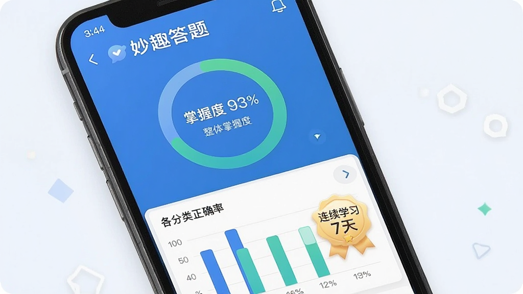 一张“妙趣答题”学习进度统计界面的图片,主体为手机应用内数据图表,布局包含一个环形进度图显示整体掌握度,下方是柱状图展示各分类正确率,以及一枚“连续学习7天”的徽章图标。风格简约现代,以蓝色和绿色为主色调,数据清晰,画质干净,无多余元素。