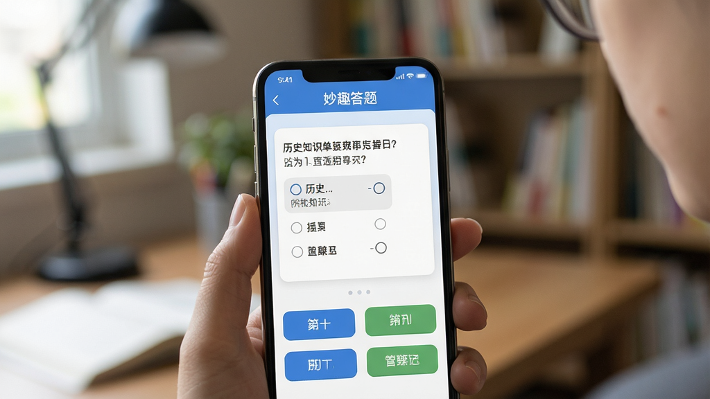 一张展示用户正在使用“妙趣答题”应用进行闯关答题的场景图,主体为手机特写,屏幕显示一道关于历史知识的单选题,界面下方有四个选项按钮。布局突出手机屏幕,背景为模糊的室内学习环境,风格写实自然,光线柔和,画质清晰,无多余元素。