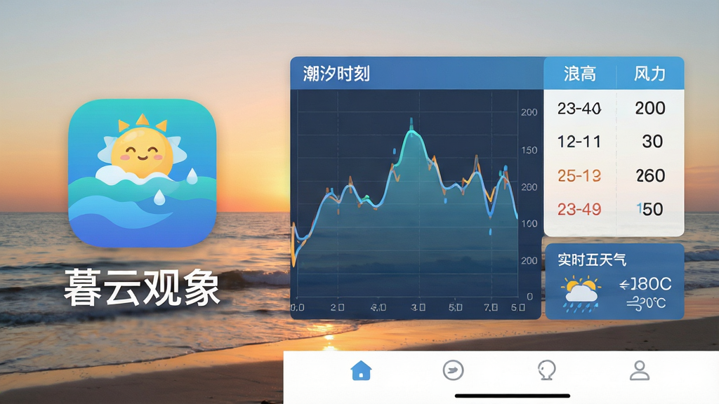 主体:暮云观象手机应用界面,展示潮汐曲线图和实时天气数据。布局:左侧为软件图标与名称,右侧为潮汐表格,背景为海边日出场景。排版:信息层级分明,图标醒目,数据清晰。风格:现代扁平化设计,色彩清新。细节:界面显示“潮汐时刻”“浪高”“风力”等字样,底部有导航栏。画质:高清渲染,干净,无多余元素。