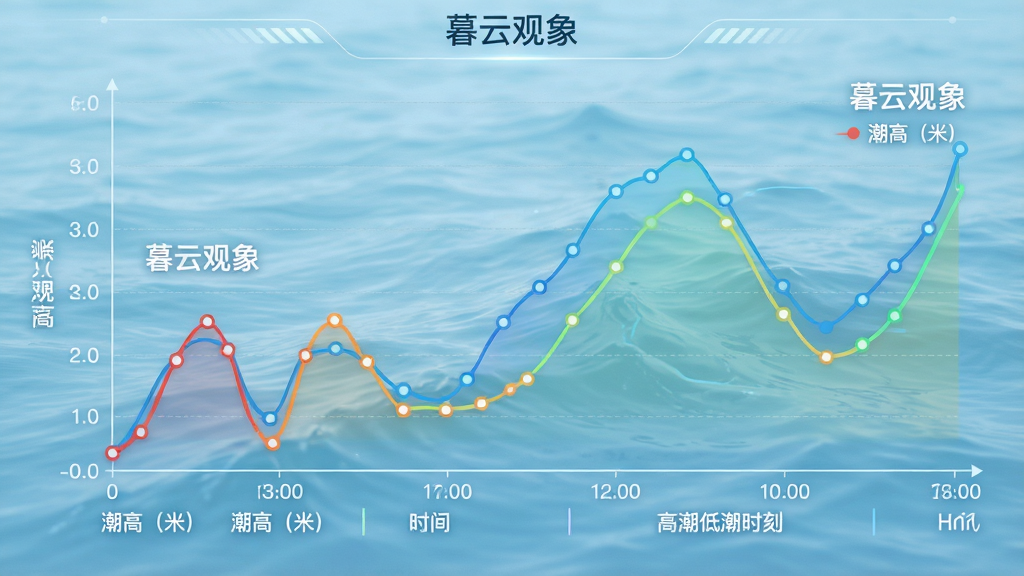 主体:暮云观象软件潮汐曲线图界面。布局:曲线图占据屏幕中央,横轴为时间,纵轴为潮高,下方标注高潮低潮时刻。排版:图表线条流畅,数据点清晰,颜色区分明显。风格:科技感与自然风结合,背景为淡蓝色海洋纹理。细节:曲线旁有“暮云观象”字样及“潮高(米)”单位标注。画质:高清,干净,无多余元素。