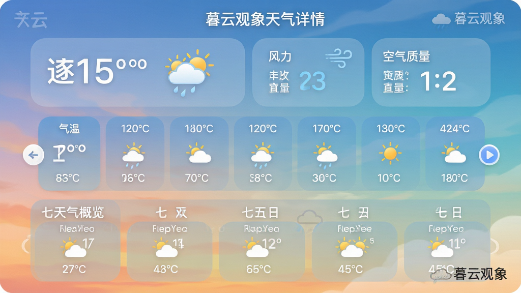 主体:暮云观象天气详情页面。布局:顶部为当前气温与天气图标,中部为逐小时预报横向滑动列表,底部为七日天气概览。排版:数据卡片圆润,信息布局紧凑有序。风格:清新自然,背景为渐变天空。细节:界面显示“气温”“风力”“空气质量”等字样,并配有“暮云观象”水印。画质:高清,干净,无多余元素。