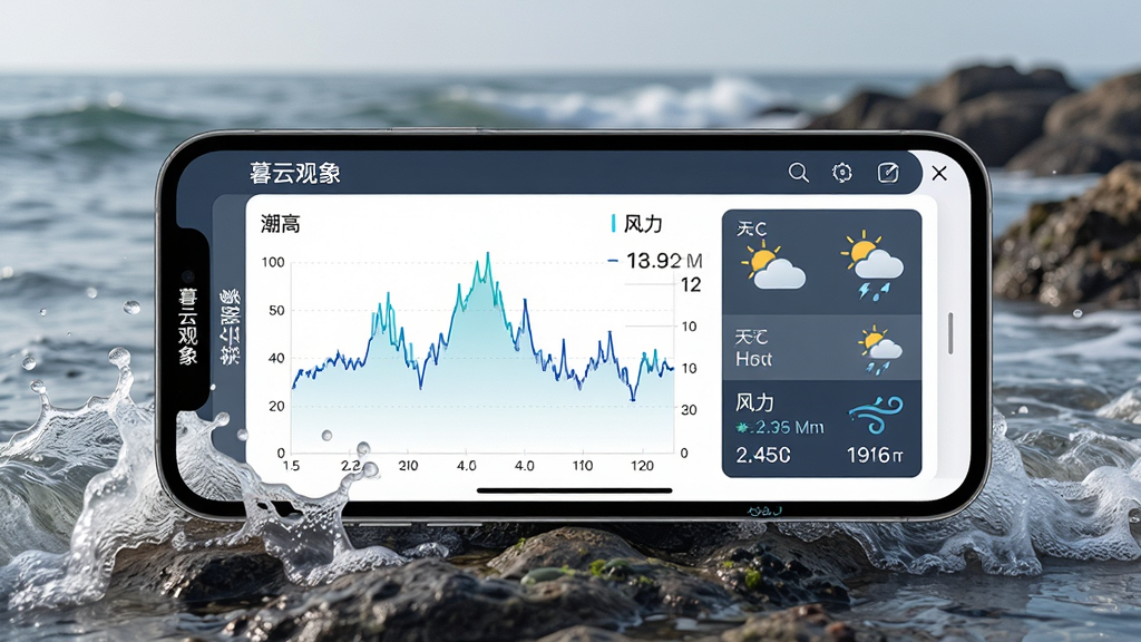 主体:暮云观象软件运行场景,手机横屏显示潮汐数据。布局:手机居中,屏幕显示潮汐曲线与天气信息,背景为海边礁石。排版:手机屏幕内容清晰可见,侧面有“暮云观象”字样。风格:写实与科技结合,光线自然。细节:手机屏幕上有“潮高”“风力”数据,边缘有浪花。画质:高清,干净,无多余元素。