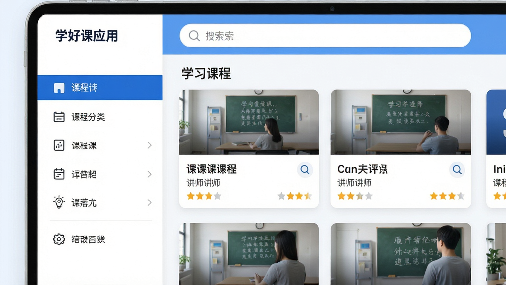 主体:学好课应用界面,展示课程列表与学习进度;布局:左侧课程分类,右侧推荐课程卡片,顶部搜索栏;排版:简洁清晰,信息层级分明;风格:现代扁平化设计,主色调为蓝色与白色;细节:课程卡片带缩略图、标题、讲师和评分;画质:高清,干净,无多余元素