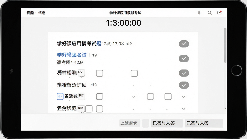 主体:学好课应用模拟考试界面,试卷页面;布局:顶部倒计时,中部题目选项,底部答题卡;排版:清晰有序,选项间距适中;风格:简洁考试风格,白底黑字;细节:题目旁有标记按钮,答题卡显示已答与未答;画质:高清,干净,无多余元素