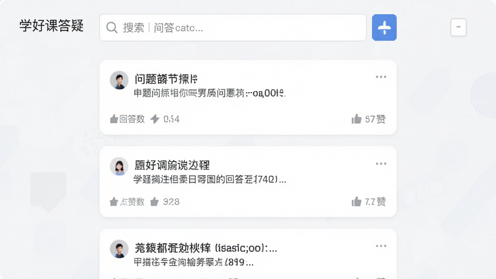 主体:学好课答疑界面,问答列表;布局:顶部搜索栏,下方问答卡片流;排版:列表式,每条问答独立卡片;风格:简洁社交风格,浅色背景;细节:问答卡片显示问题摘要、回答数、点赞数;画质:高清,干净,无多余元素