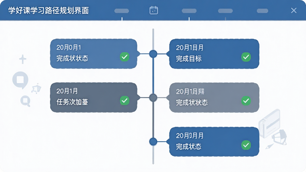 主体:学好课学习路径规划界面,时间轴样式;布局:垂直时间轴,标注各阶段任务与目标;排版:条理清晰,节点分明;风格:简约商务风,蓝灰配色;细节:每个节点有日期、任务名称、完成状态图标;画质:高清,干净,无多余元素