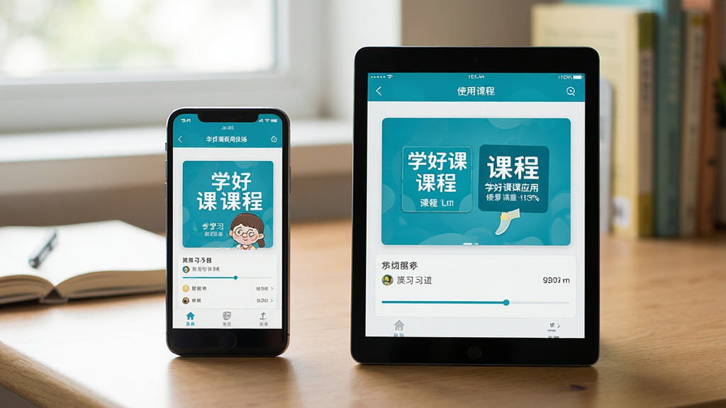 主体:学好课应用使用场景,手机与平板展示;布局:手机与平板并排,屏幕显示学习界面;排版:对称式构图,背景为书桌;风格:真实场景拍摄风格,自然光线;细节:屏幕内容可见课程封面与进度条;画质:高清,干净,无多余元素