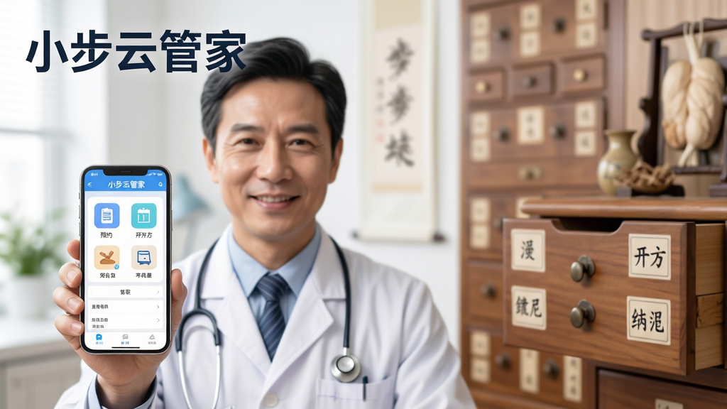 主体:一位中医医生手持手机,屏幕显示小步云管家软件界面,背景是整洁的中医诊所。布局:医生位于画面中央偏左,手机屏幕清晰可见,右侧有中药柜和中医元素。排版:主体突出,背景虚化,文字“小步云管家”以醒目标题形式显示在画面左上角。风格:写实、明亮、专业、干净。细节:医生面带微笑,手机界面显示预约、开方等图标,药柜抽屉上贴有中药名称标签。画质:高清、细腻、干净、无多余元素。