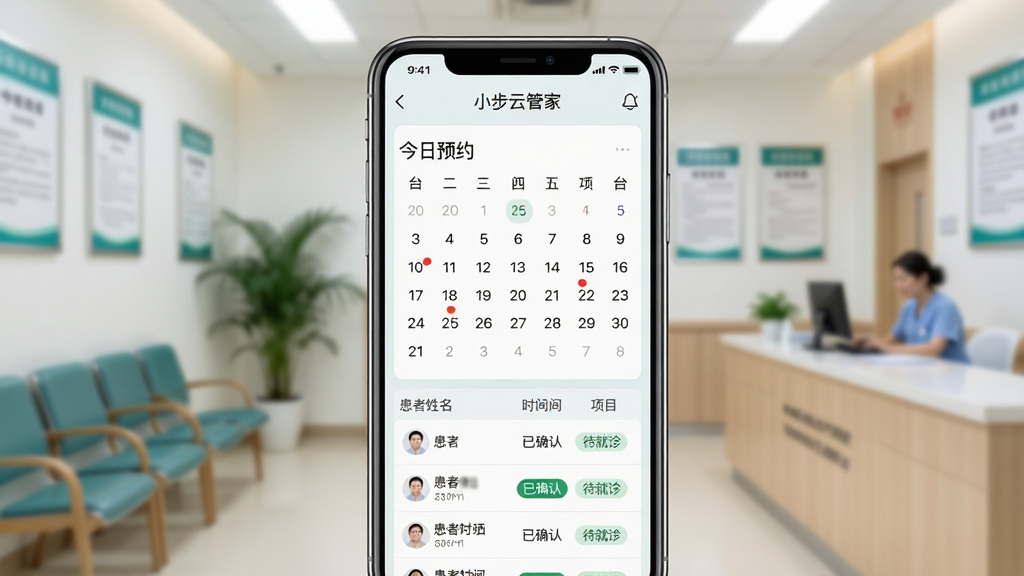 主体:手机屏幕显示小步云管家患者预约管理界面,有日历和预约列表。布局:手机在画面中央,背景是模糊的中医诊所候诊区。排版:日历上方有“今日预约”字样,列表显示患者姓名、时间和项目。风格:现代、简洁、浅色背景。细节:预约列表有“已确认”“待就诊”状态标签,日历日期有红点标记。画质:高清、干净、无多余元素。