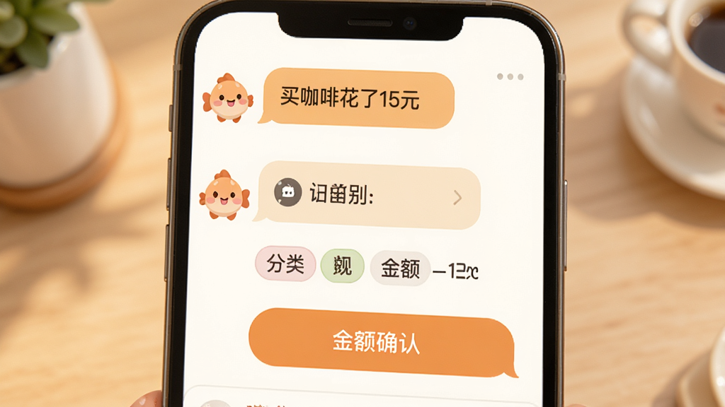 多鱼记账聊天式记账功能演示图,手机屏幕显示对话框,用户输入“买咖啡花了15元”,系统自动识别并归类,下方出现分类标签和金额确认按钮,界面采用暖色调,气泡式对话风格,配以可爱的小鱼图标,画质高清,布局简洁,干净无多余元素