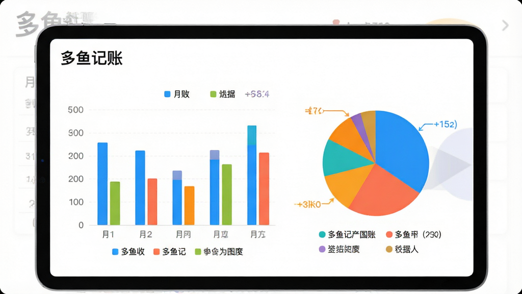 多鱼记账图表统计功能预览图,平板电脑展示月度收支柱状图和饼状图,色彩鲜明,分类图例清晰,背景为白色,整体界面清爽,数据可视化效果突出,左上角显示“多鱼记账”字样,画质高清,干净无多余元素