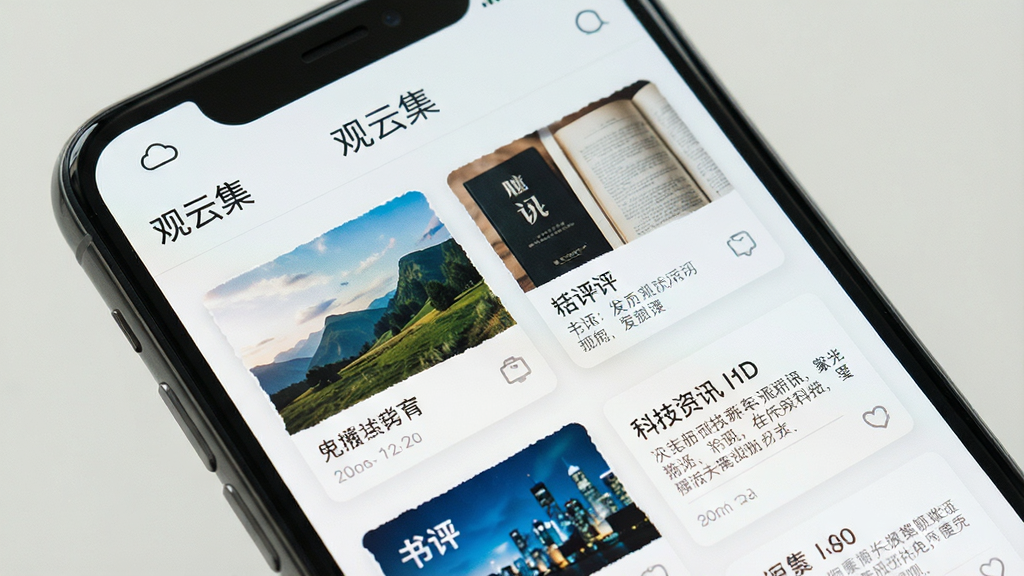 一张手机屏幕特写,屏幕上显示“观云集”APP的首页信息流,页面布局清晰,包含风景摄影、书评、科技资讯等卡片式内容模块,整体风格清新文艺,浅色背景,界面简洁现代,画质干净,无多余元素