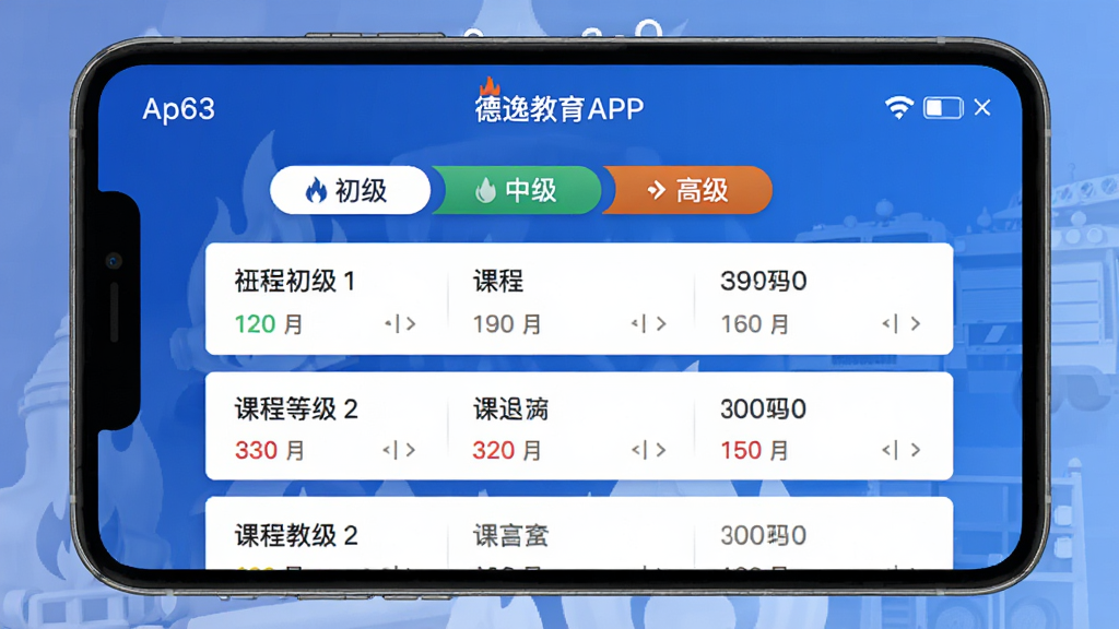 德逸教育APP界面截图,展示课程列表页面,包含初级、中级、高级三个等级标签,背景为消防主题蓝色调,布局简洁,排版整齐,风格现代,细节清晰,画质高清,干净无多余元素