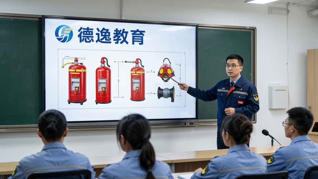 消防设施操作员培训课堂,一位专业讲师站在大屏幕前,屏幕上显示“德逸教育”字样及消防设备图示,下方有学员认真听课,整体布局清晰,风格写实,细节丰富,画质高清,干净无多余元素