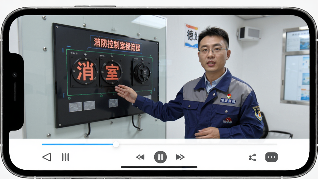 德逸教育APP视频播放页面,屏幕中讲师正在讲解消防控制室操作流程,画面下方有进度条和控制按钮,整体界面友好,风格写实,细节丰富,画质高清,干净无多余元素