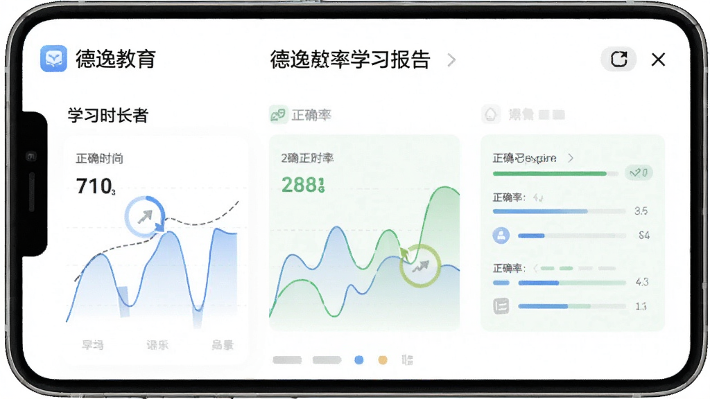 德逸教育APP学习报告页面,以图表形式展示学习时长、正确率等数据,界面清爽,布局合理,风格简约,细节丰富,画质高清,干净无多余元素