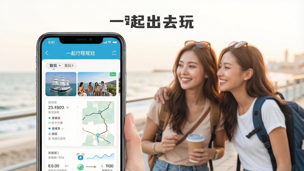 一张展示“一起出去玩”App核心界面的高清宣传图,主体为手机屏幕上的智能行程规划页面,背景是温馨的闺蜜结伴旅行场景,布局清晰,风格清新明亮,细节丰富,画质干净,无多余元素