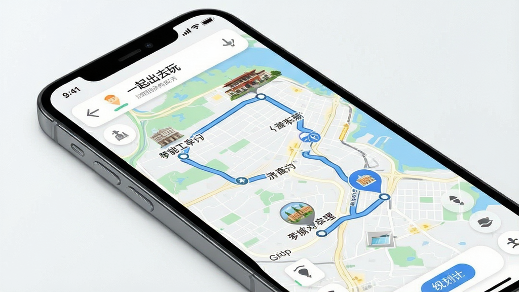 一幅展示“一起出去玩”App智能生成路线的界面图,主体是手机屏幕上的地图路线规划,包含多个景点标记,布局简洁,风格现代,细节清晰,画质干净,无多余元素