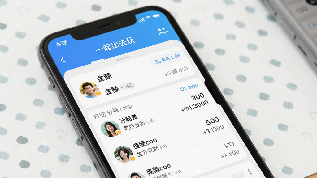 一张展示“一起出去玩”App自动AA记账功能的界面图,主体是手机屏幕上的账单明细列表,显示多人分摊金额,布局清晰,风格简约,细节真实,画质干净,无多余元素