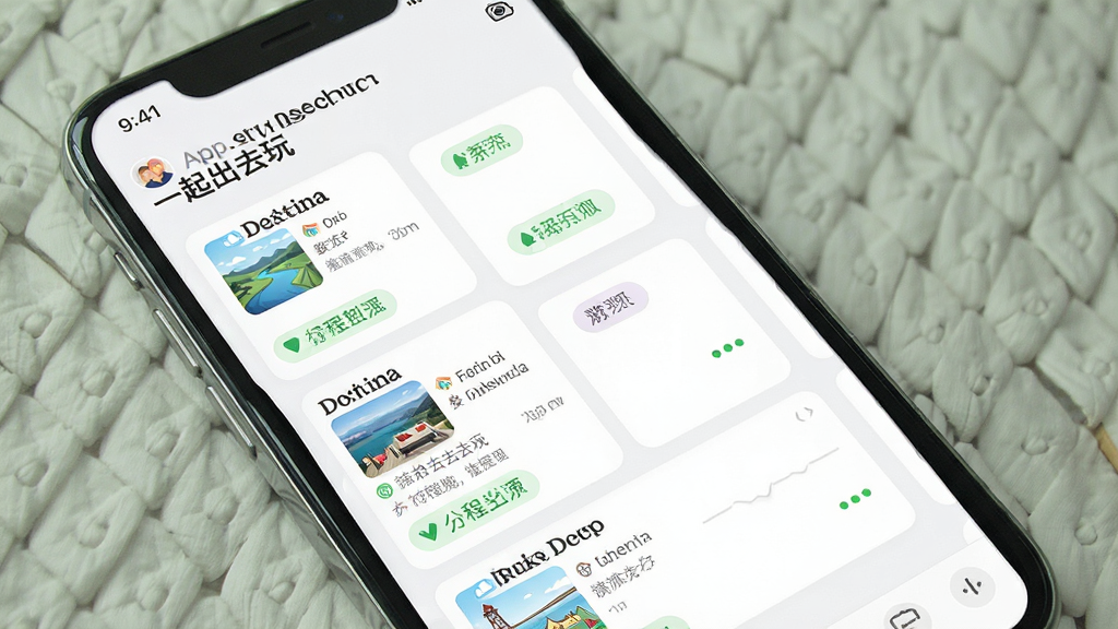 一张展示“一起出去玩”App多行程管理界面的图片,主体是手机屏幕上的行程卡片列表,包含不同目的地和状态标签,布局规整,风格简洁,细节清楚,画质干净,无多余元素
