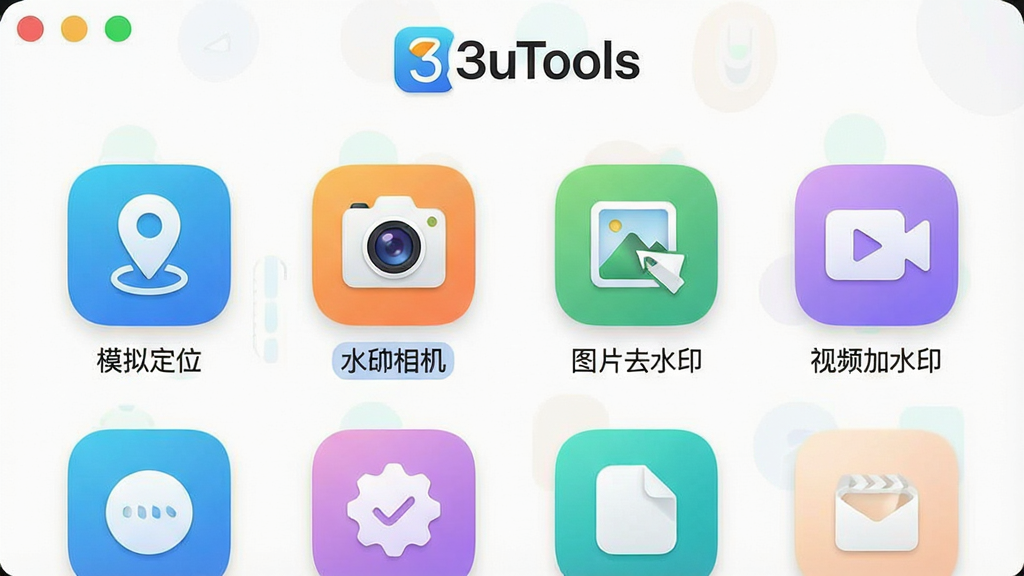 һ��չʾ3uTools������ĸ����ͼ�����涥����ʾ��3uTools��logo���·������š�ģ�ⶨλ������ˮӡ���������ͼƬȥˮӡ��������Ƶ��ˮӡ������Ҫ����ͼ�꣬���������ִ���ɫ������������ͼ��Բ���£������ɾ����޶���Ԫ�أ�����������ϸ�ڷḻ