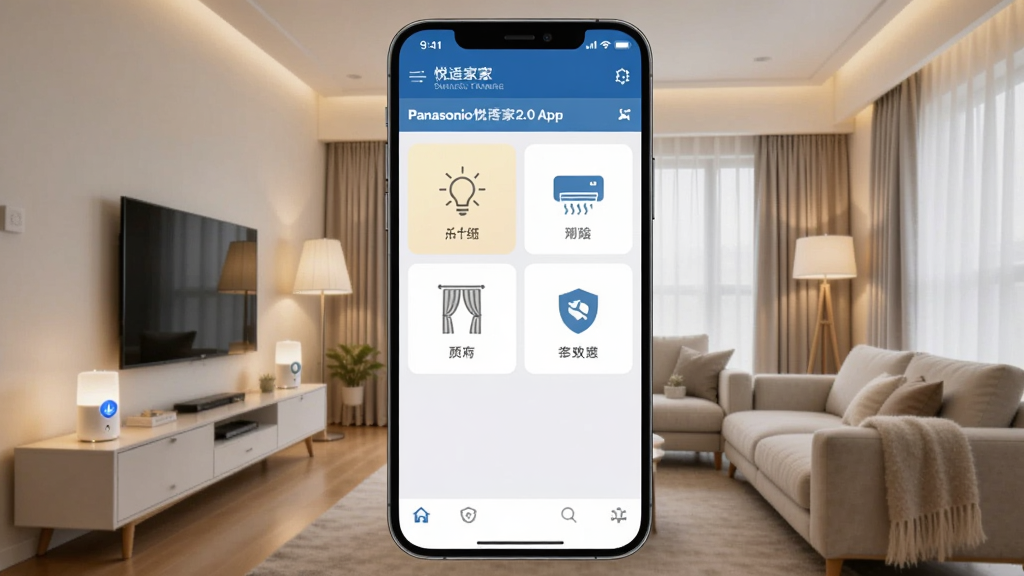 一张展示松下悦适家2.0 App在智能手机上控制客厅智能家居设备的场景图,画面中央是手机屏幕特写,屏幕上显示App主界面,包含灯光、空调、窗帘、安防等模块图标,背景是温馨现代的客厅,有智能灯光和窗帘,整体风格干净明亮,画质高清,无多余元素