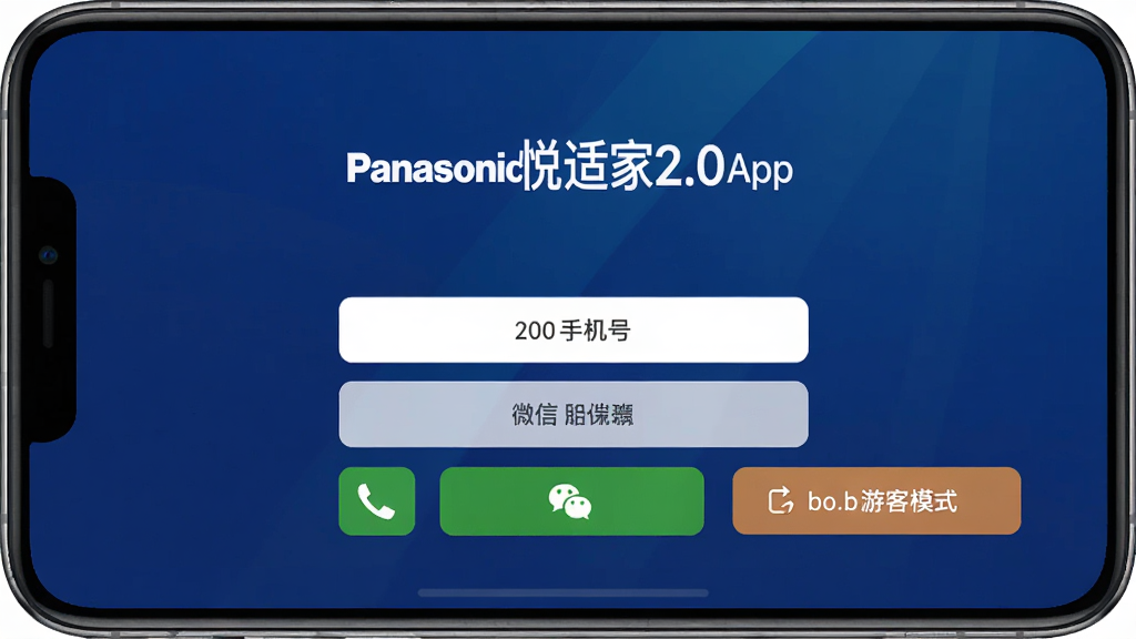 松下悦适家2.0 App登录界面截图,展示多种登录方式按钮,包括手机号、微信和游客模式,背景为深蓝色渐变,配以白色文字和图标,布局简洁,风格现代,画质清晰干净