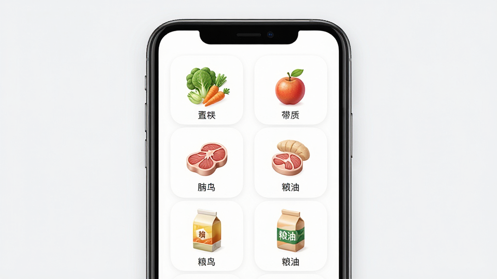 һ��չʾ���������APP��ȫƷ����Ʒ�Ľ������ͼ���������ֻ���Ļ����Ļ�������������߲ˡ�ˮ�������ࡢ���͵ȷ���ͼ�꣬����Ϊ������ʽ���Ű��������ˣ�����ִ���Լ��ϸ����ÿ��ͼ�궼���Ƶ�ʮ�־��£����ʸ��壬�ɾ����࣬�޶���Ԫ��