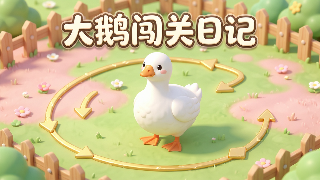 一只圆润可爱的白色大鹅站在色彩柔和的迷宫中央,背景是粉绿相间的卡通草地和木质围栏。画面采用明亮清新的治愈系风格,光线柔和,细节丰富。大鹅周围有金色的引导线条和箭头指示,布局简洁,突出游戏主界面。画质高清,干净无多余元素。图片上以艺术字形式呈现“大鹅闯关日记”字样。