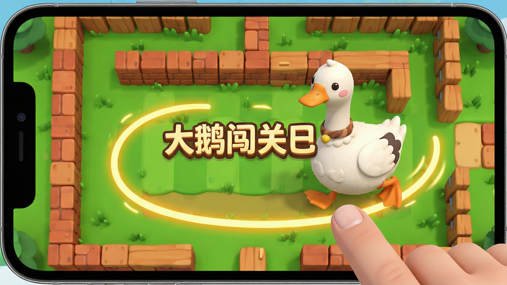 游戏操作界面特写,一只手指正在手机屏幕上画出一条发光的金色曲线路径,一只可爱的大鹅正沿着路径摇摆行走。屏幕背景是明亮的卡通迷宫俯视图,有草地、砖块和木质元素。布局主体为手指与大鹅的互动,排版居中,风格为扁平化UI与3D渲染结合。细节清晰,展示流畅的线条与动态感,画质高清,干净无多余元素。图片中央带有“大鹅闯关日记”文字标识。