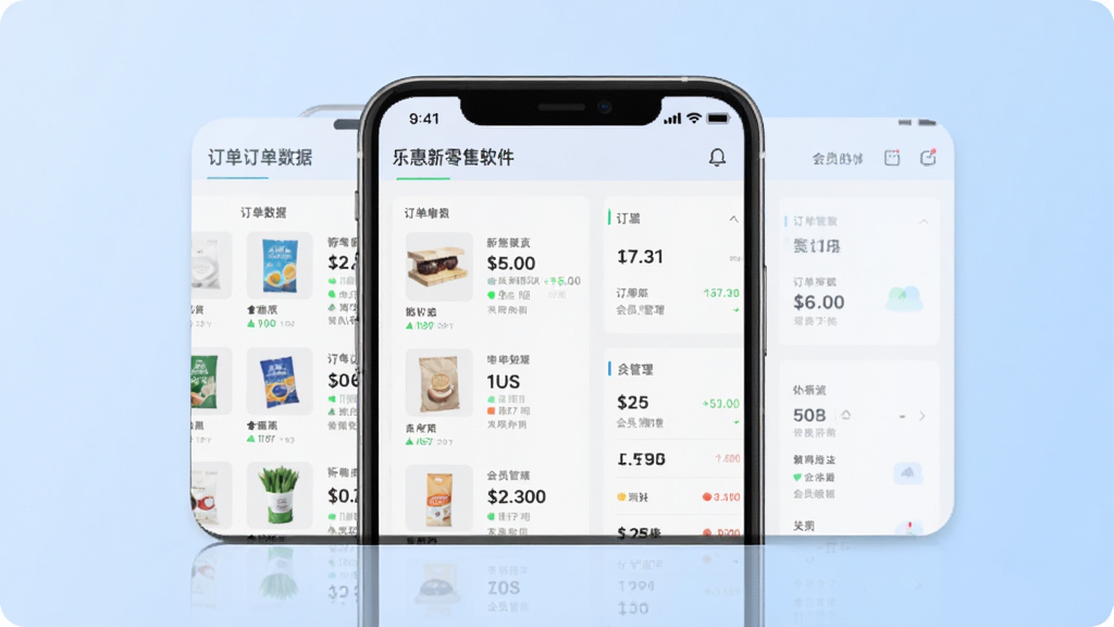 乐惠新零售软件主界面展示,手机屏幕显示商品列表、订单数据、会员管理等功能模块,界面简洁现代,背景为浅蓝色渐变,主体居中,排版清晰,风格扁平化,细节丰富,画质高清,干净无多余元素