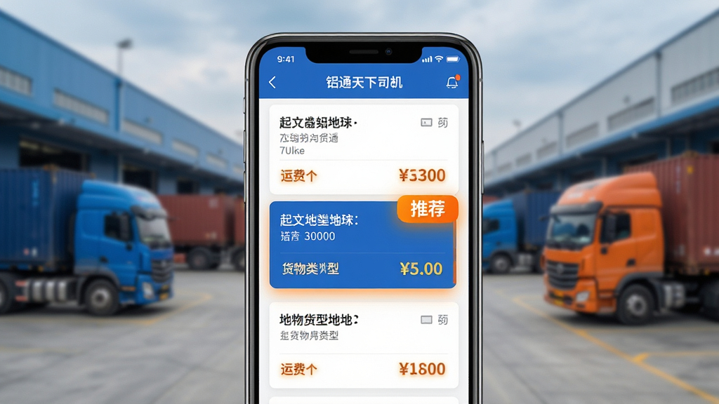 主体:手机屏幕展示铝通天下司机端的货源列表界面,上面有多个货源卡片,其中一张卡片被高亮标记为“推荐”。布局:手机位于画面中央,背景为模糊的物流园区场景。排版:界面清晰,货源卡片排列整齐,推荐标签醒目。风格:扁平化结合写实背景,色调以蓝色和橙色为主。细节:货源卡片显示起止地、货物类型、运费价格,推荐标签带有发光效果。画质:高清,干净,无多余元素。