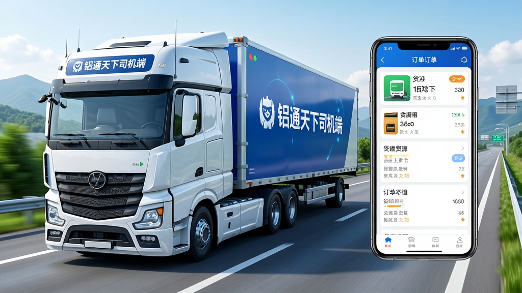 主体:一辆现代化的货运卡车行驶在宽阔的高速公路上,车头醒目地显示着“铝通天下司机端”的应用界面。布局:画面左侧为卡车侧面,右侧悬浮展示手机App界面,界面清晰展示货源列表和订单信息。排版:主体突出,App界面细节丰富,与卡车形成呼应。风格:写实风格,色彩明亮,突出科技感与运输行业的结合。细节:卡车车身干净整洁,App界面图标清晰可见,道路两旁有绿色植被和远山。画质:高清渲染,干净,无多余元素。