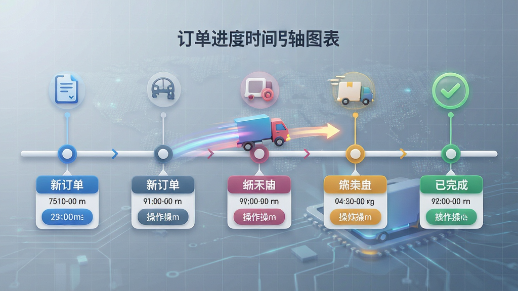 主体:一张订单进度时间轴图表,展示从“新订单”到“已完成”的各个阶段,中间有卡车图标在移动。布局:图表横向排列,左侧为起点,右侧为终点,背景为简约的科技网格。排版:时间轴清晰,状态节点用不同颜色区分。风格:信息图表风格,简洁明了,色彩专业。细节:每个节点下有时间和操作按钮,卡车图标带有运动轨迹。画质:高清渲染,干净,无多余元素。