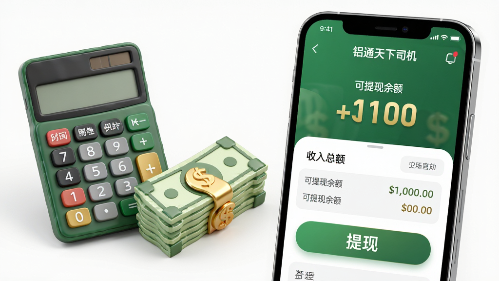 主体:手机屏幕展示铝通天下司机端的财务结算页面,显示收入总额、可提现余额和提现按钮。布局:手机位于画面右侧,左侧为计算器和现金的3D模型。排版:界面数据突出,提现按钮醒目。风格:商务风格,绿色和金色为主色调。细节:收入数字采用大号字体,现金模型带有光泽效果。画质:高清,干净,无多余元素。