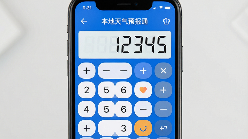 主体:手机屏幕展示“本地天气预报通”的计算器功能界面。布局:手机居中,计算器按键清晰可见。排版:数字与运算符排列整齐,界面简洁。风格:现代简约,蓝白配色。细节:显示区域有数字“12345”,按键包含数字、加减乘除、科学函数等。画质:高清,干净无多余元素。