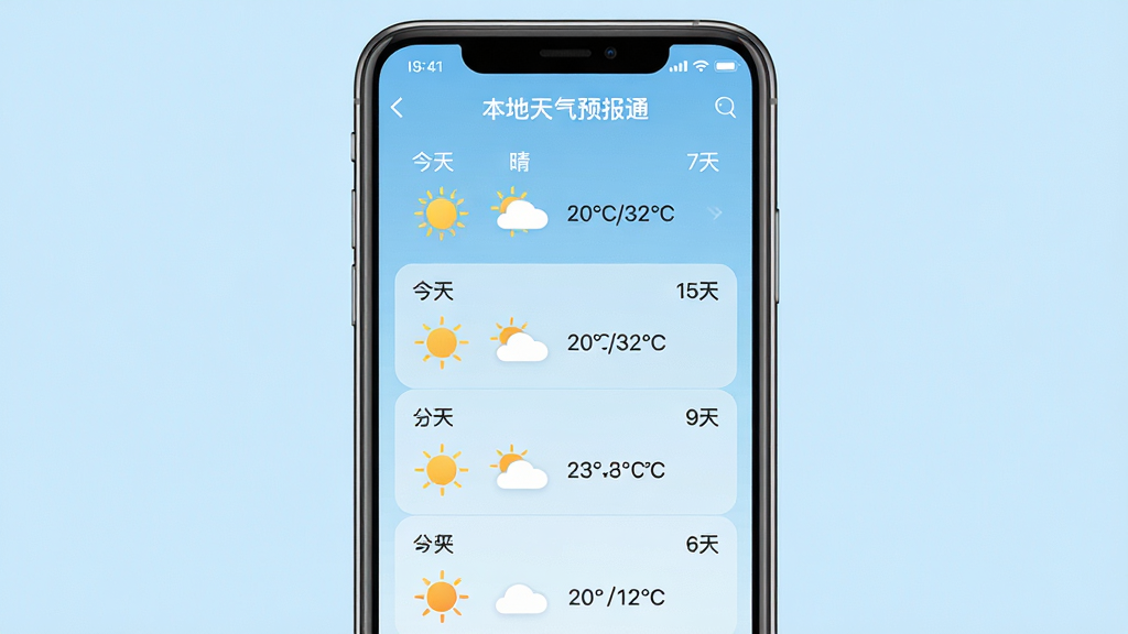 主体:手机屏幕展示“本地天气预报通”的15天天气预报界面。布局:手机竖屏居中,天气列表从上到下排列。排版:日期、天气图标、温度范围对齐整齐。风格:清新自然,浅蓝背景。细节:显示“今天 晴 20°C/32°C”,后续日期依次排列,伴有太阳、云朵图标。画质:高清,干净无多余元素。