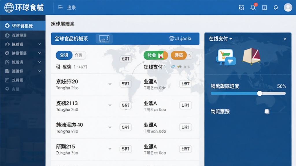 软件主界面截图,展示全球食品机械采购列表,包含多国语言翻译按钮、在线支付图标和物流跟踪进度条,整体布局清晰,采用蓝色商务风格,界面现代简洁,画质高清,干净无多余元素,突出“环球食械”品牌字样