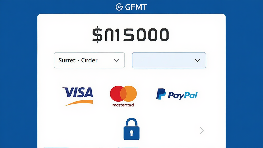 GFMT软件支付页面,显示订单金额、货币选择、支付方式图标(Visa、Mastercard、PayPal),安全锁标识,界面简洁,数字清晰,商务蓝白配色,画质高清,无多余元素
