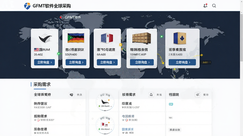 GFMT软件全球采购页面,展示不同国家的供应商卡片和采购需求列表,带有“立即询盘”按钮,地图背景,国际化商务风格,排版整齐,细节丰富,画质清晰,无多余元素