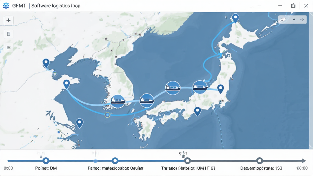 GFMT软件物流追踪地图,显示货船图标沿航线移动,途经港口标记,下方时间轴显示各节点状态,界面清晰,信息层次分明,画质高清,无多余元素