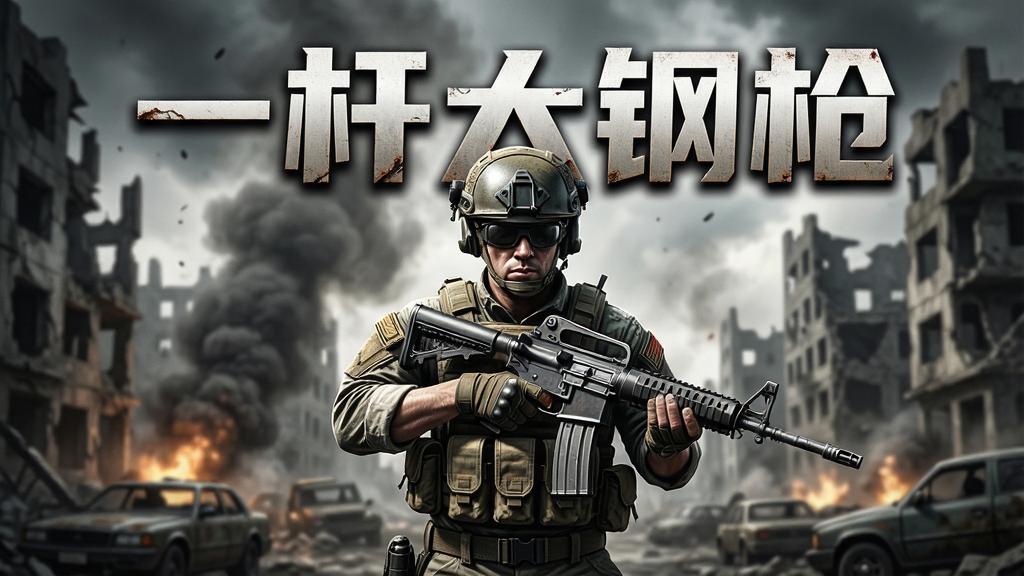一张充满现代战争氛围的游戏宣传图,主体为一名全副武装的士兵手持突击步枪,背景是硝烟弥漫的城市废墟,画面中央上方有游戏名称“一杆大钢枪”的醒目艺术字,整体风格写实硬朗,光影对比强烈,细节丰富,画质高清,干净无多余元素