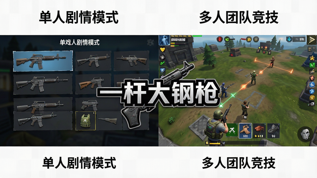 一张展现游戏双模式玩法的对比图,左侧为单人剧情模式的关卡选择界面,右侧为多人团队竞技的实时对战画面,画面中可见不同枪械与装备图标,中央配有“一杆大钢枪”的logo,风格清晰直观,排版整洁,画质高清,干净无多余元素