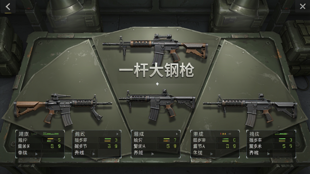 一张枪械展示与养成界面截图,主体为多款不同型号的枪械呈扇形排列,每把枪下方标注属性数值面板,背景为军事风格的装备台,画面中央有“一杆大钢枪”字样,风格精致写实,光影效果突出,画质高清,干净无多余元素