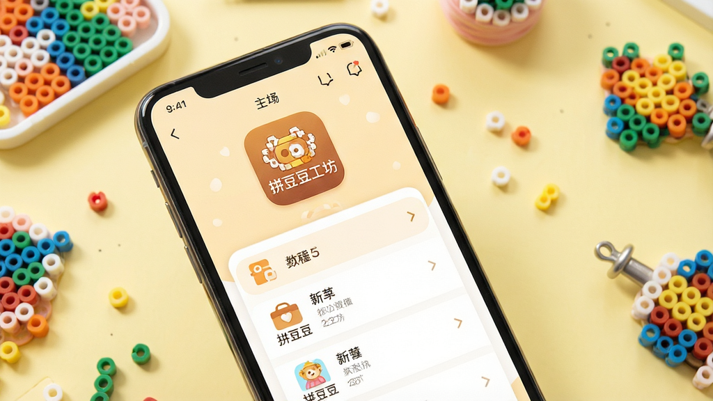 一张展示拼豆豆工坊应用主界面的高清截图,主体为手机屏幕,屏幕内清晰显示“拼豆豆工坊”应用图标和功能菜单,布局简洁明了,采用暖色调,背景为淡黄色工作台,上面散落着彩色拼豆和成品,风格清新明亮,细节丰富,画质清晰,干净无多余元素。