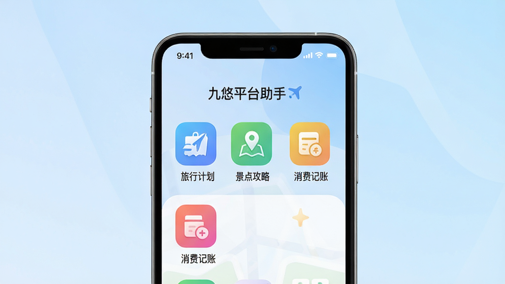 一幅展示九悠平台助手核心功能的宣传预览图,主体为一部智能手机屏幕,屏幕上清晰显示“九悠平台助手”主界面,界面包含“旅行计划”、“景点攻略”、“消费记账”等彩色功能图标,布局简洁明快,背景为淡蓝色渐变,风格现代清新,细节丰富,画质高清干净,无多余元素。