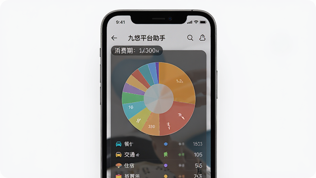 一幅九悠平台助手旅游记账功能的界面展示图,主体为手机屏幕,屏幕上显示一个饼状统计图和近期消费列表,图表色彩鲜艳,项目分类如餐饮、交通、住宿等用不同颜色区分,背景干净整洁,风格清新简约,细节真实,画质高清无多余元素。