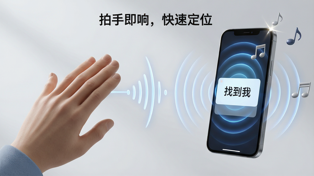 主体:一只手正在拍击,前方手机屏幕亮起并弹出“找到我”提示,手机周围有雷达波纹扩散。布局:手在画面左侧,手机在右侧,中间用声波曲线连接。排版:简洁明了,配文“拍手即响,快速定位”。风格:写实与3D渲染结合,光影自然。细节:手机闪光灯闪烁,铃声音符飘出。画质:4K高清,干净,无多余元素。